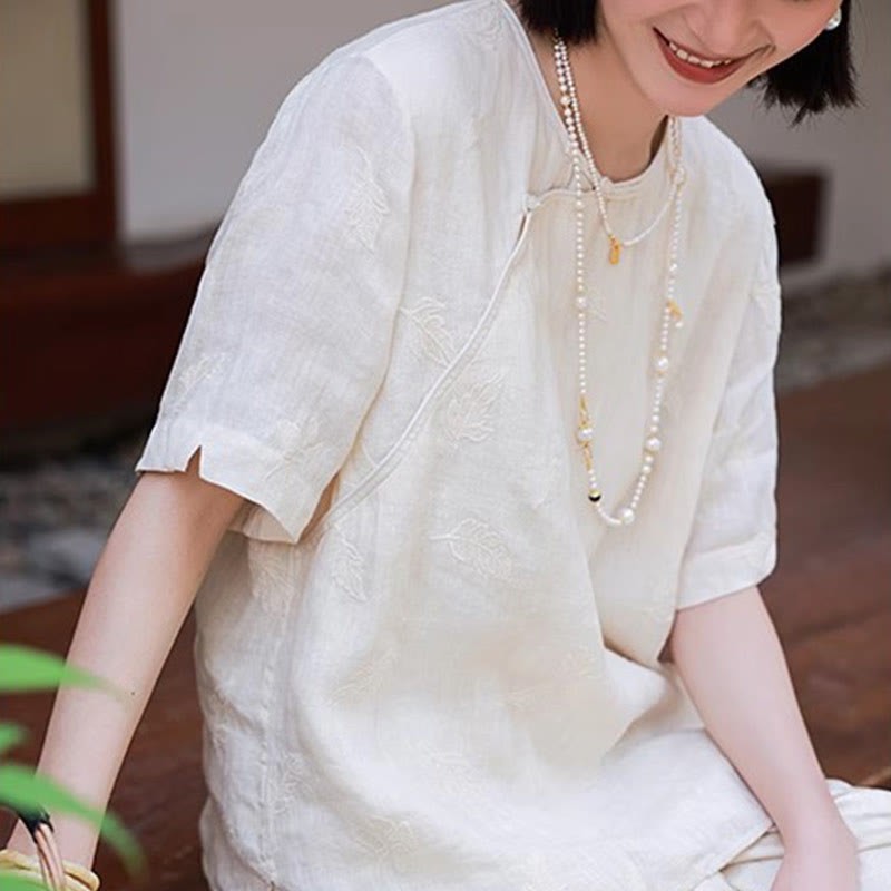 Ramie Linen Loose Blouse Short Sleeve Shirt Chinese Style Top