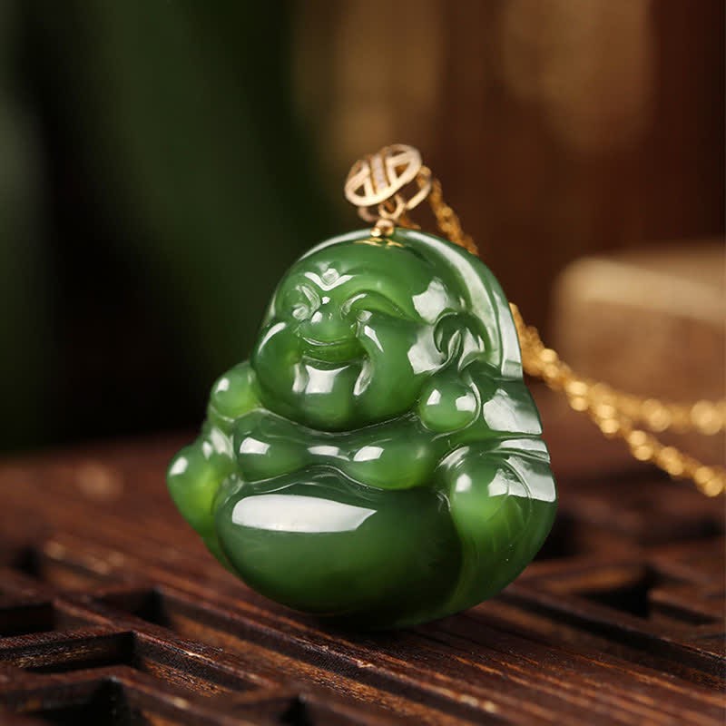 925 Sterling Silver Laughing mystic zen Hetian Cyan Jade 18K Gold Success Necklace Chain Pendant