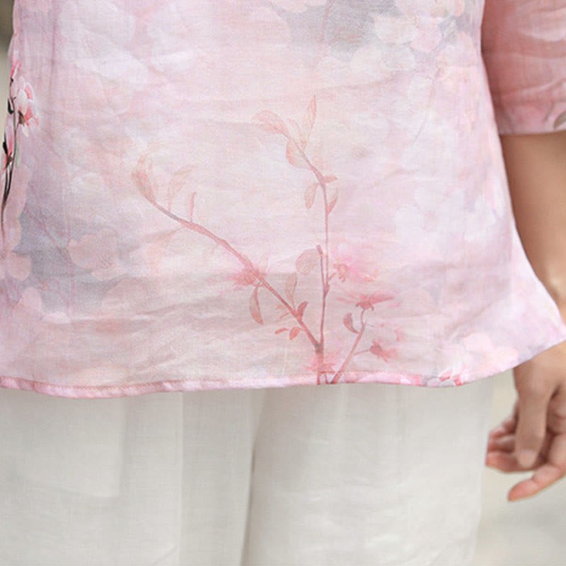 V-Neck Pink Flower Pattern Ramie Linen Blouse Three Quarter Sleeve Shirt Top