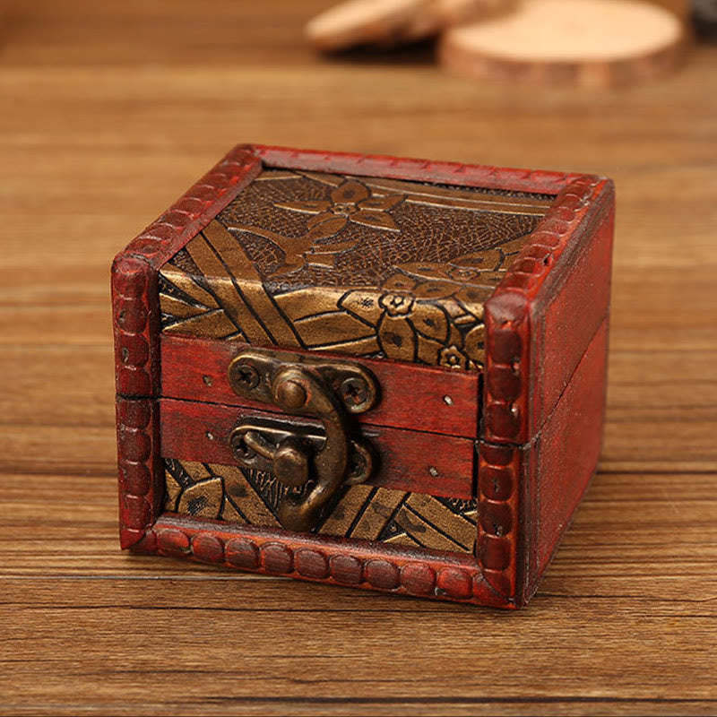 Retro Small Square Wood Jewelry Box Lotus Grass Flower Grape Copper Coin Daffodil Jewelry Storage Box