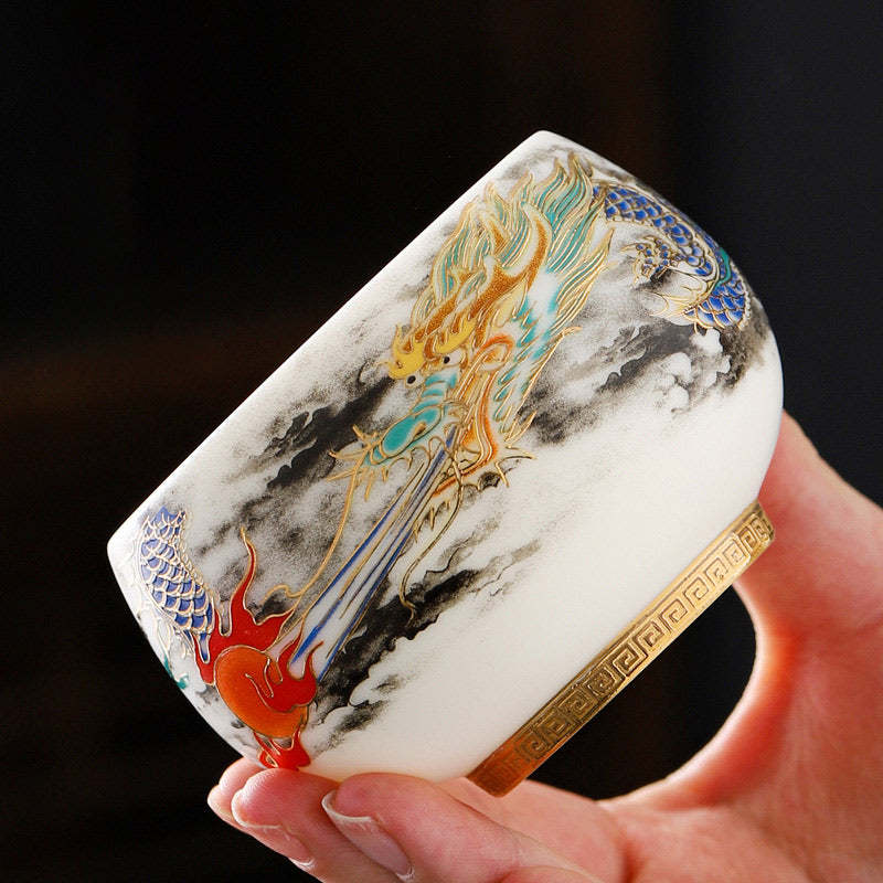 Dragon Playing With Pearl Design White Porcelain Ceramic Teacup Kung Fu Tea Cup 160ml