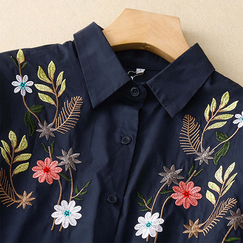 Summer Solid Color Embroidery Plants Flower Three Quarter Sleeve Lapel Button Cotton Women's Shirt