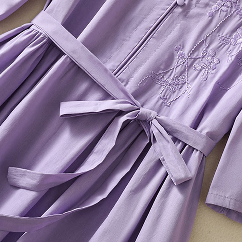 Summer Orchid Embroidery Lace-Up V-Neck Half Sleeve Cotton Linen Midi Dress With Pockets
