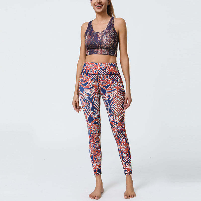 Flowers Feathers Sun Moon Print Sports Fitness Yoga High Waist Leggings Women's Pants