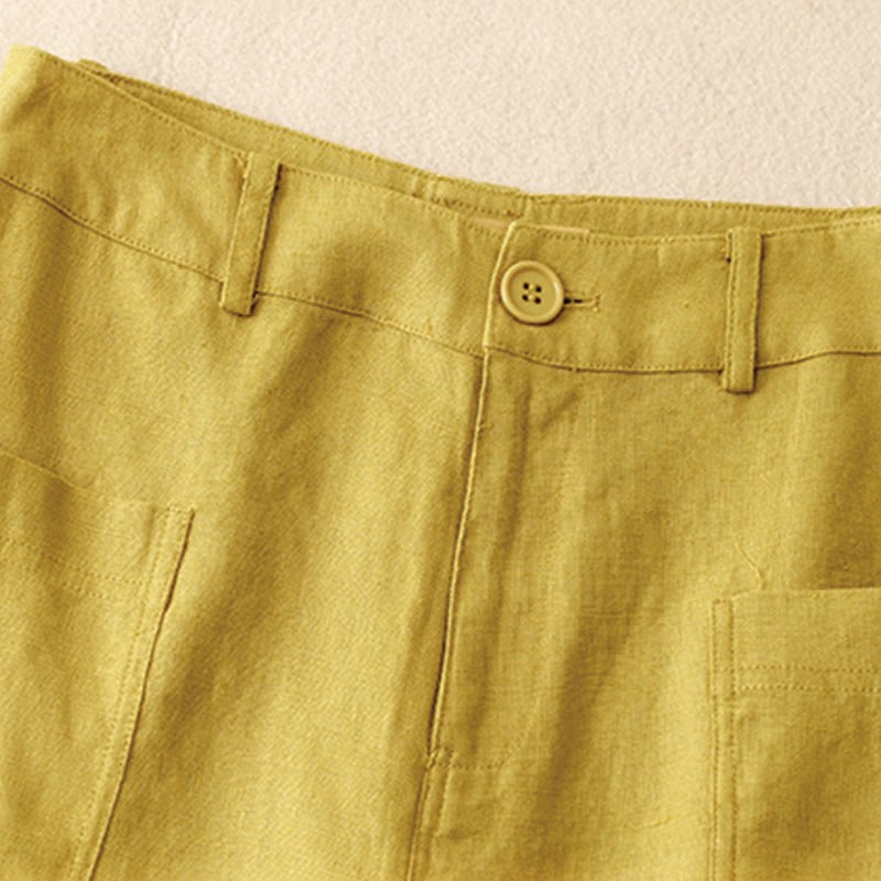 Summer Simple Design Ankle-Length Cotton Linen Women's Wide Leg Pants With Pockets Zipper