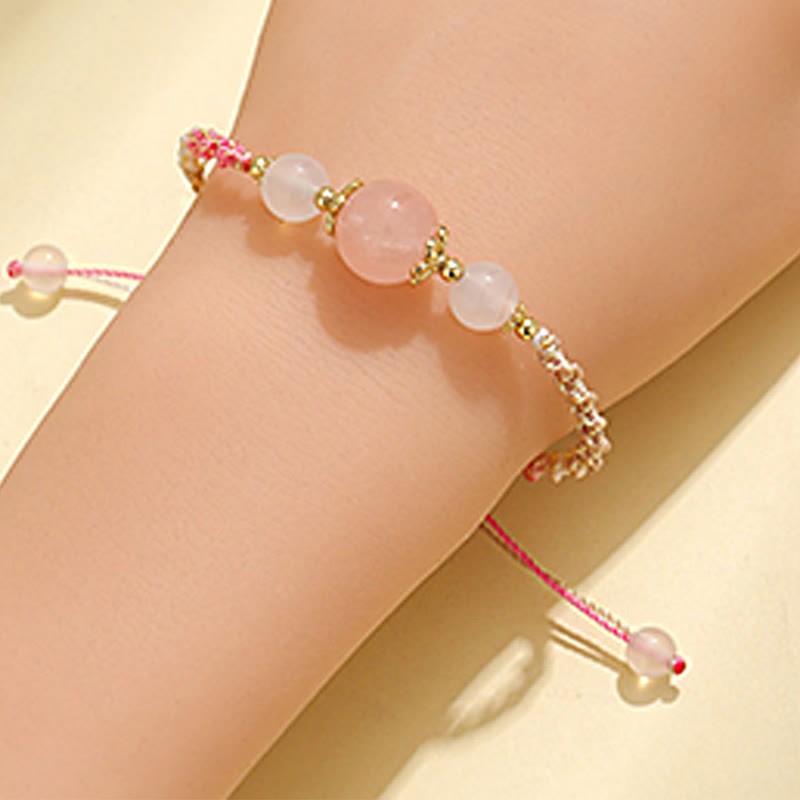 Strawberry Quartz Pink Crystal Prehnite White Agate Bead Healing Rope Bracelet