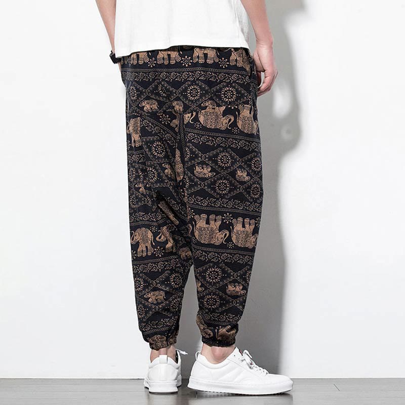 Elephant Brown Black Print Cotton Men's Long Cropped Harem Pants With Pockets