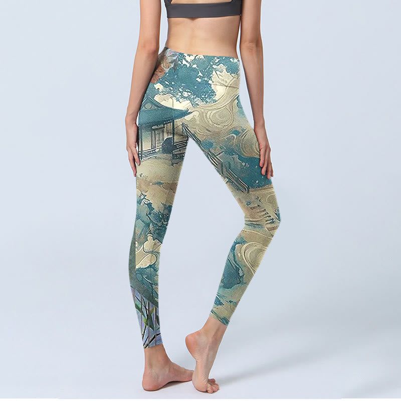 Chinese Architecture Dark Sea Green Print Fitness Leggings Women's Yoga Pants