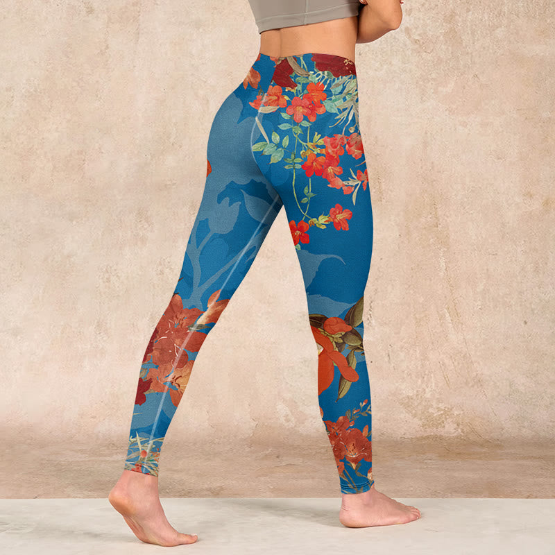 Blue Red Flowers Birds Print Gym Leggings Women's Yoga Pants