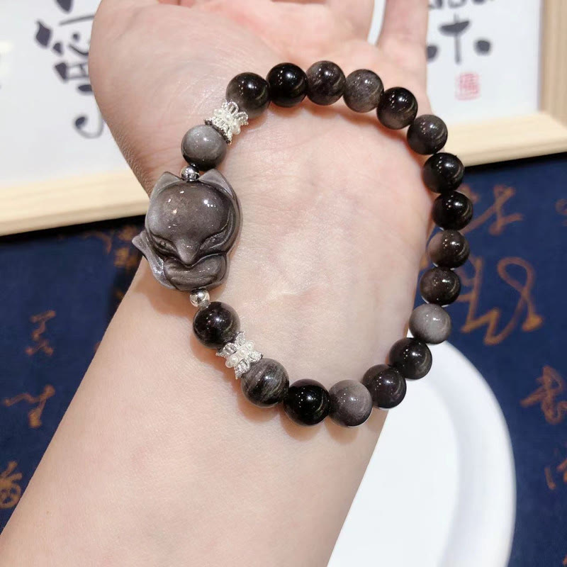 Natural Silver Sheen Obsidian Nine-Tailed Fox Communication Bracelet