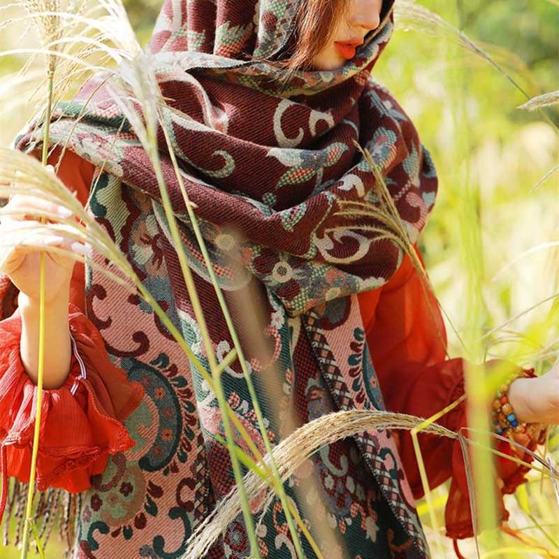 Tibetan Flowers Leaves Branch Design Tassel Shawl Cozy Travel Scarf Wrap