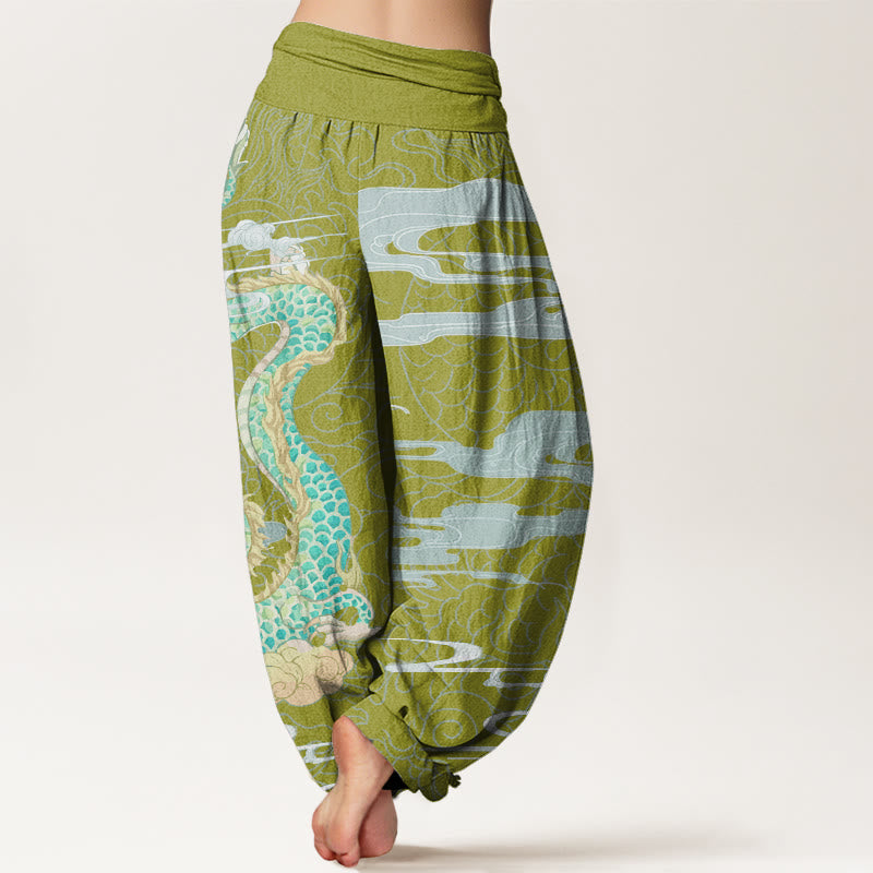 Casual Dragon Auspicious Clouds Pattern Women's Elastic Waist Harem Pants
