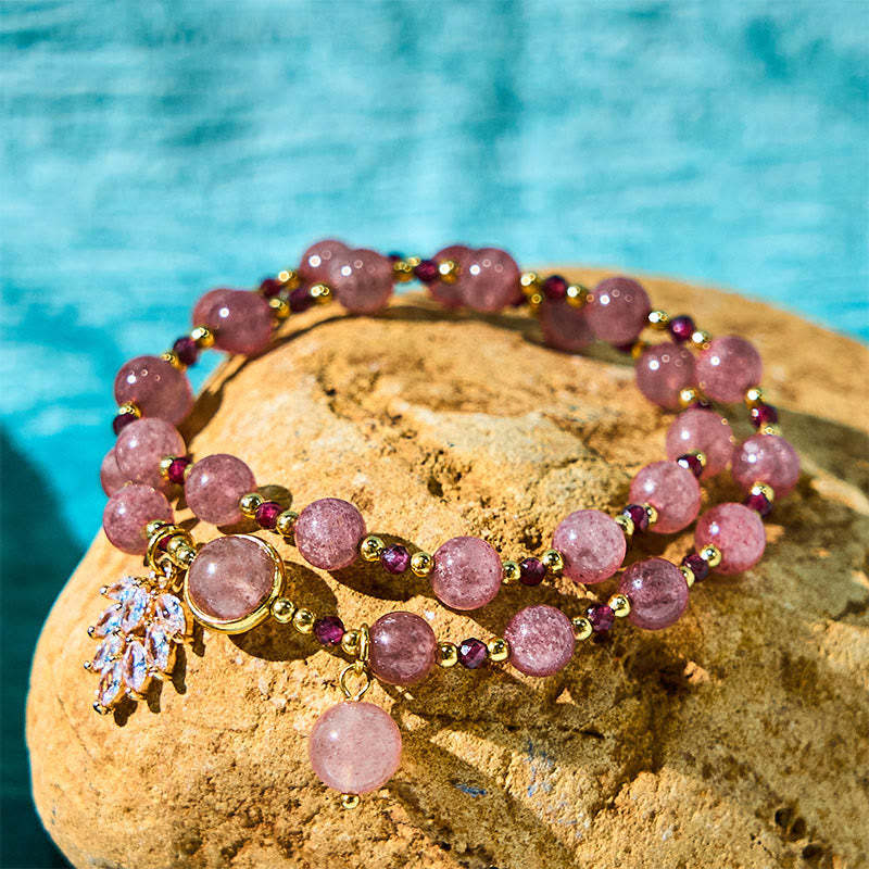 Natural Strawberry Quartz Love Healing Maple Leaf Charm Double Wrap Bracelet