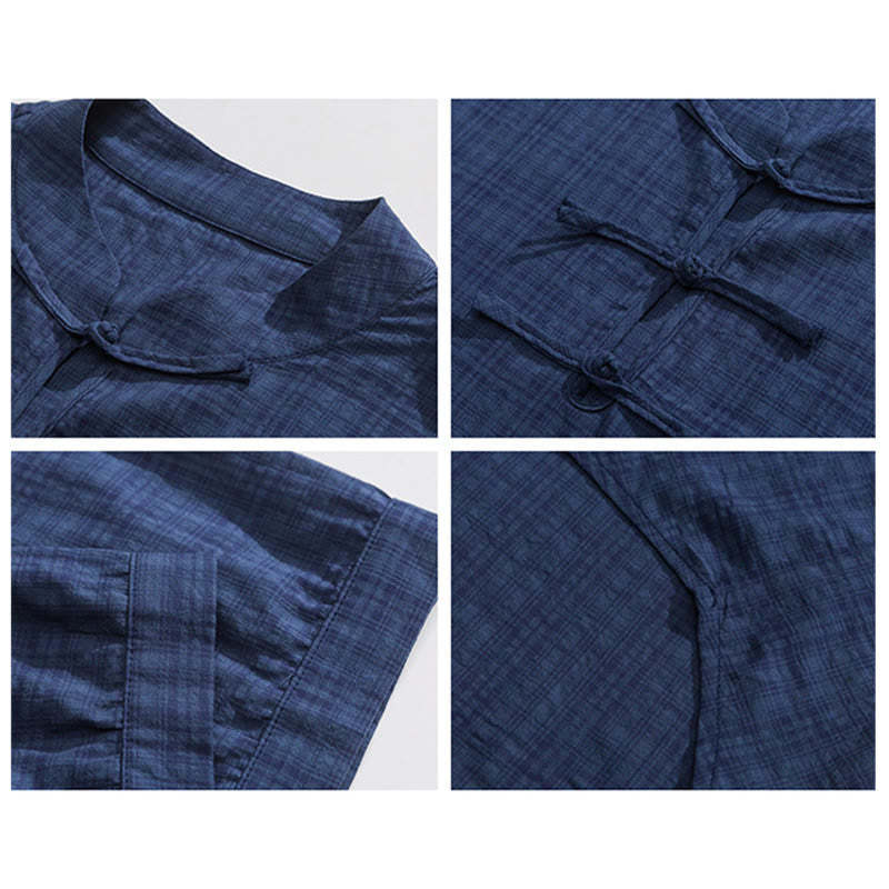 Frog-Button Plaid Pattern Chinese Tang Suit Half Sleeve Shirt Cotton Linen Men Clothing