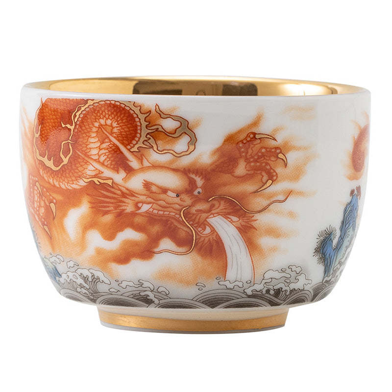 Dragon Phoenix Crane Sun Ocean Waves Gilt Ceramic Teacup Kung Fu Tea Cup 170ml