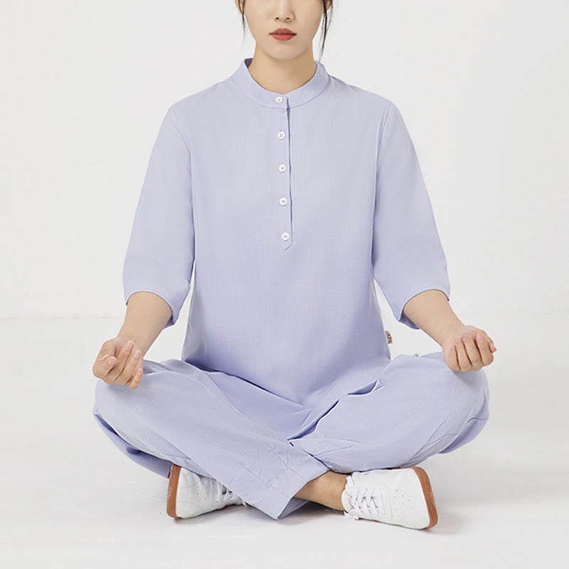2Pcs Solid Color Three Quarter Shirt Top Pants Meditation Zen Tai Chi Cotton Linen Clothing Women's Set