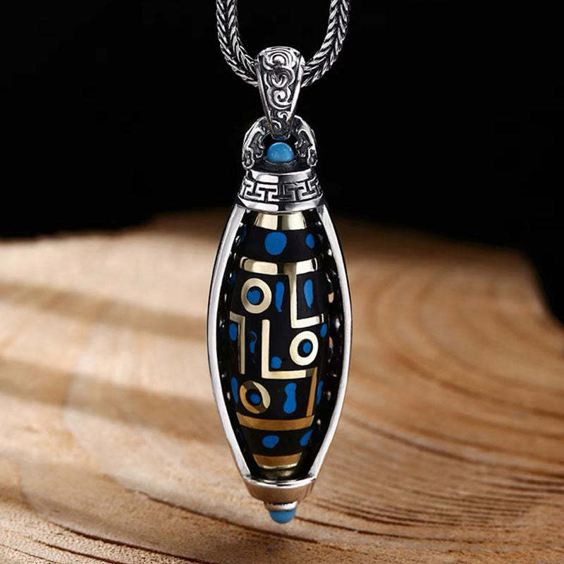 Tibetan Om Mani Padme Hum Nine-Eye Dzi Bead Pattern Peace Purity Rotatable Necklace Pendant