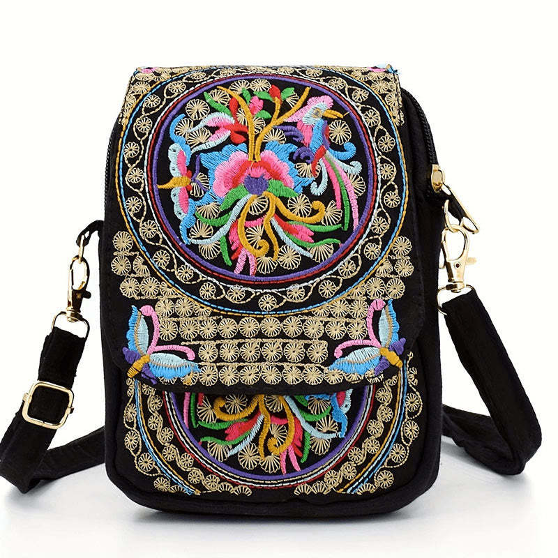 Inula Flower Peony Embroidery Canvas Shopping Purse Handbag Crossbody Bag