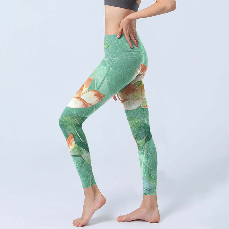 Lotus Leaves Seed Pods Print Gym Leggings Women's Yoga Pants
