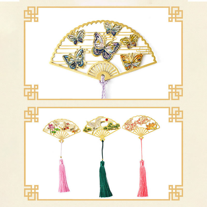 Traditional Butterfly Lotus Flower Crane Dragon Phoenix Fox Koi Fish New Beginning Metal Brass Hollow Fan Bookmarks