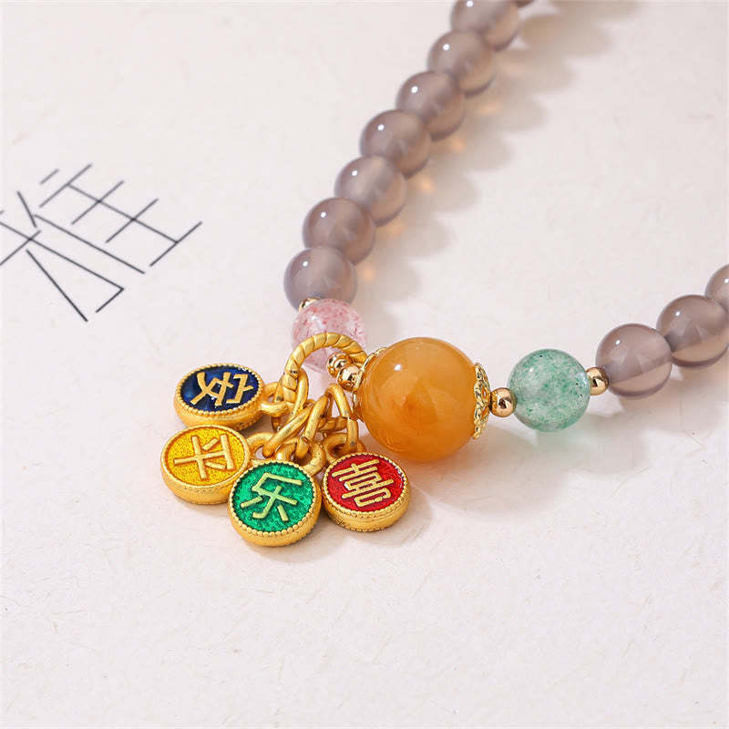 Natural Gray Agate Peace And Joy Charm Balance Double Wrap Bracelet