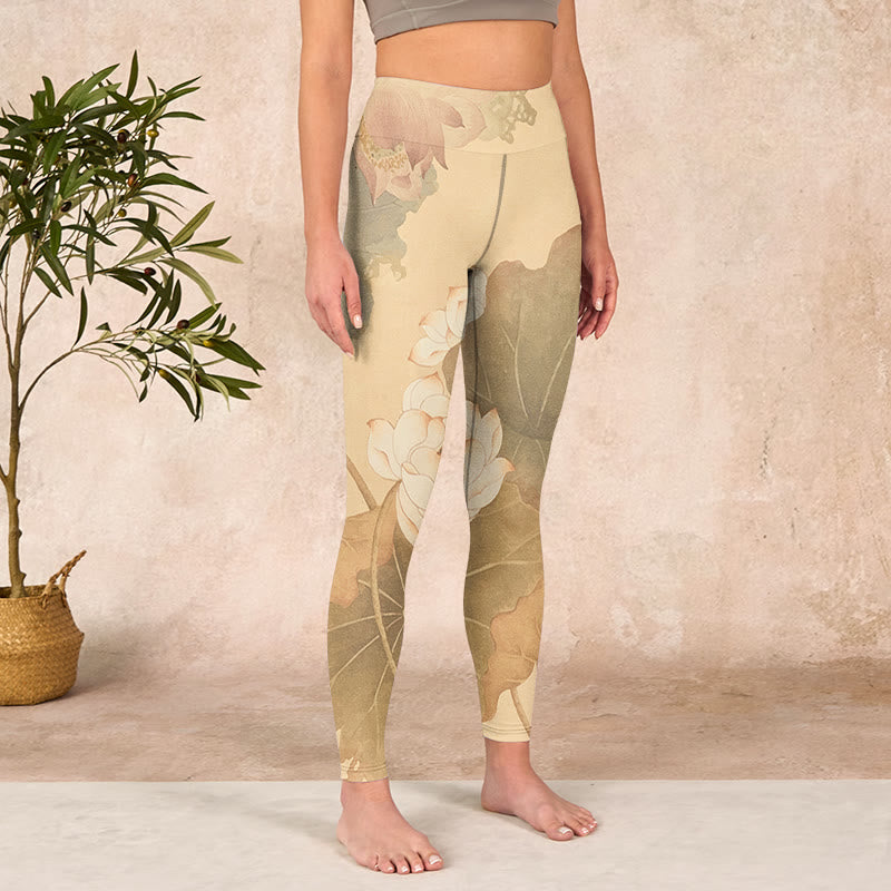 Lotus Flowers Leaves Print Gym Leggings Women's Yoga Pants