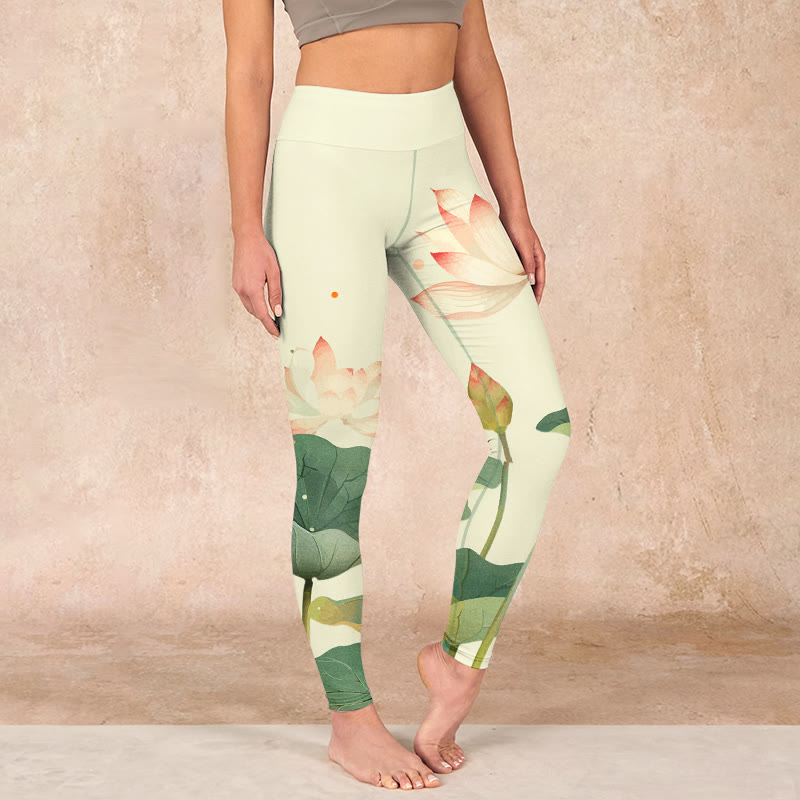Lotus Flower Leaf Dragonfly Print Fitness Leggings Women's Yoga Pants