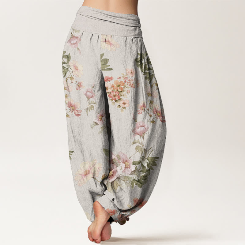 Pink Pale Orange Flowers Design Women's Elastic Waist Harem Pants