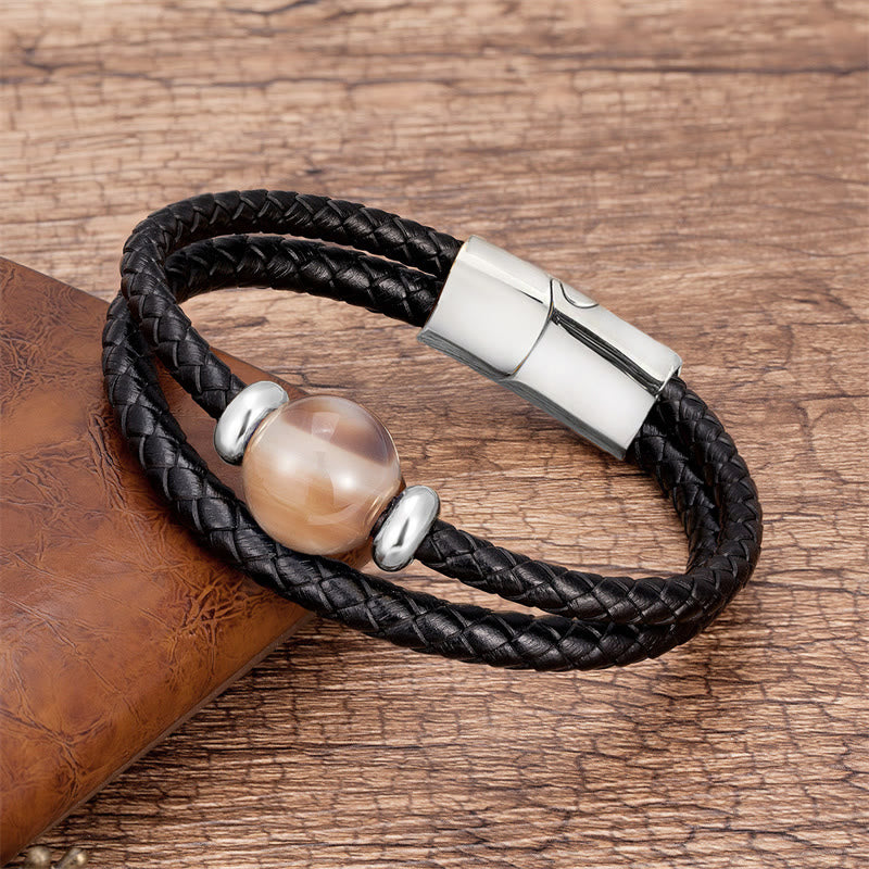 Black Onyx Sardonyx Agate Beads Support Leather Bracelet