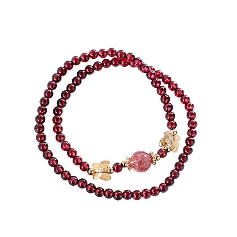 14K Gold Plated Natural Garnet Strawberry Quartz Butterfly Protection Double Wrap Bracelet