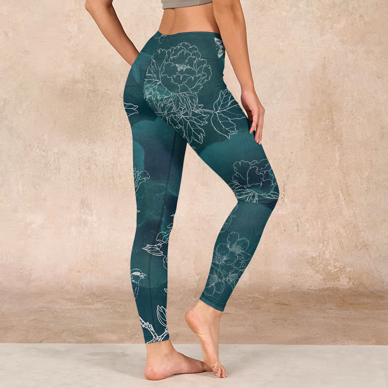 Peony Flower Magpie Butterfly Print Gym Fitness Leggings Women's Yoga Pants
