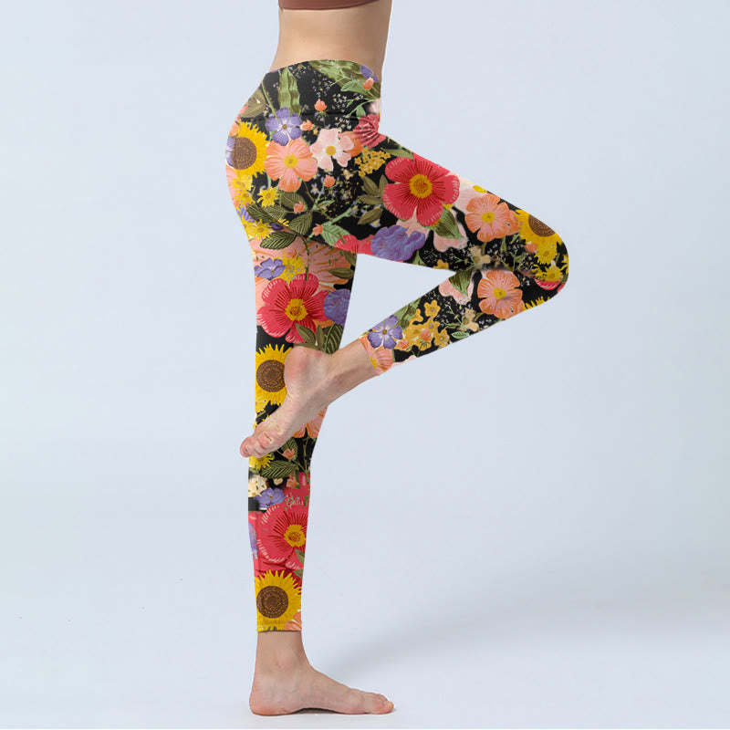 Sunflowers Pink Purple Flowers Print Sports Fitness Leggings Women's Yoga Pants