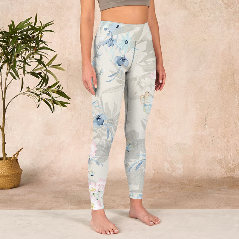 Cherry Blossom Butterflies Print Gym Leggings Women's Yoga Pants