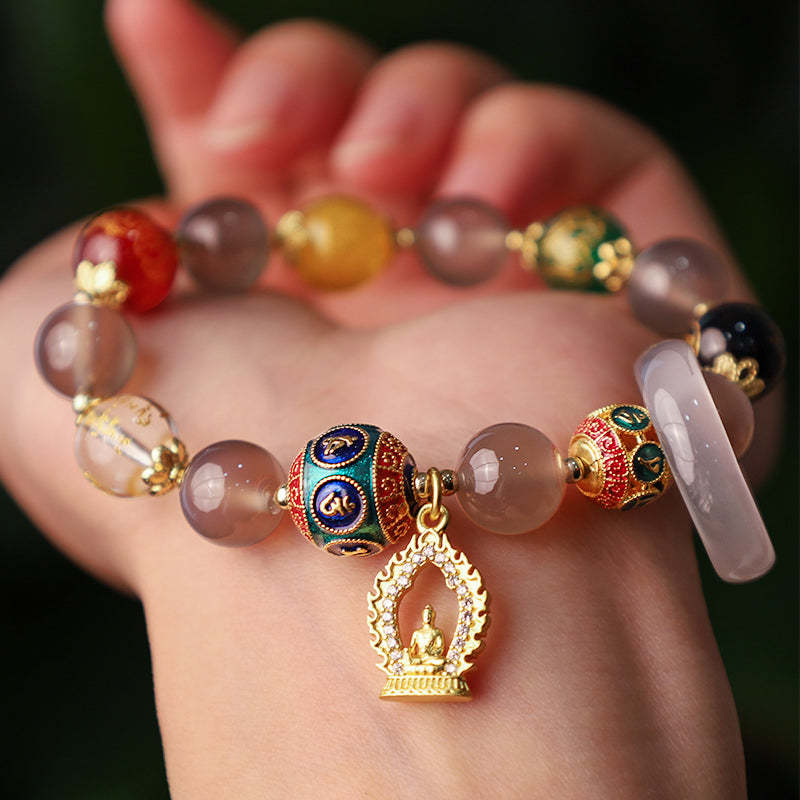 Natural Gray Agate Five Directions Gods of Wealth Om Mani Padme Hum mystic zen Charm Bracelet
