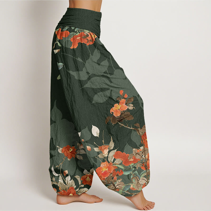 Red Flowers Green Leaves Bird Women's Elastic Waist Harem Pants