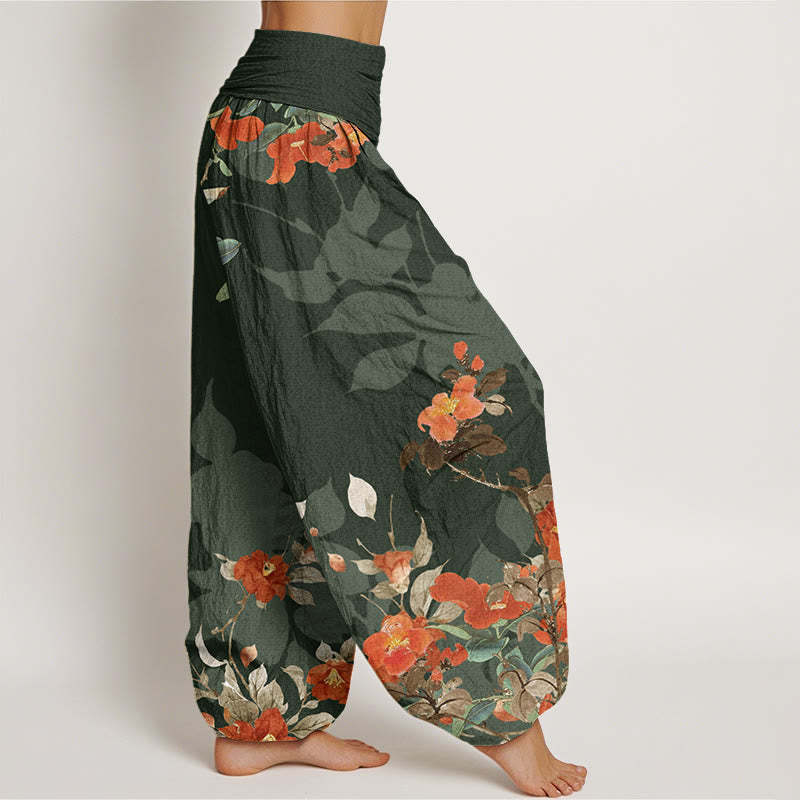 Red Flowers Green Leaves Bird Women's Elastic Waist Harem Pants