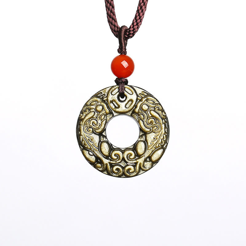 Gold Sheen Obsidian Peace Buckle Pixiu Copper Coin Wealth Necklace Pendant