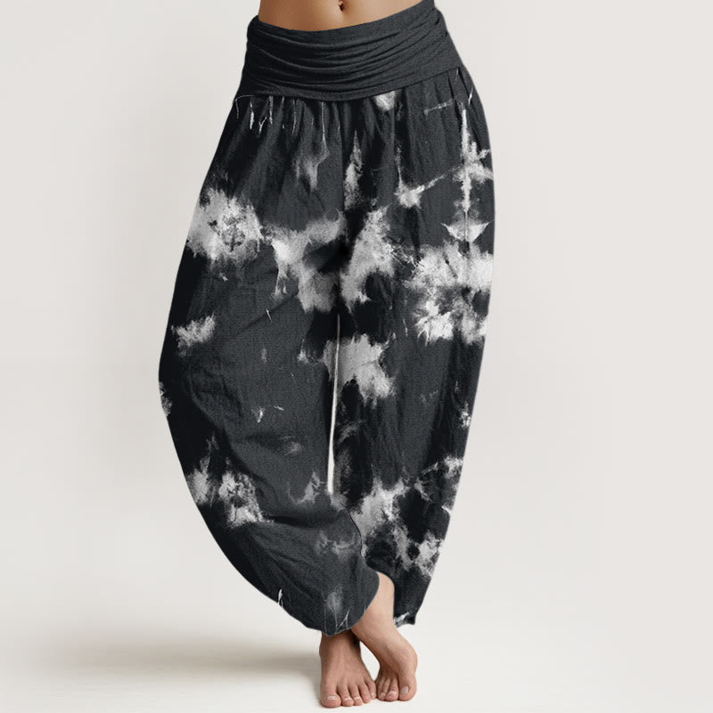 White Lines Spots Tie-Dye Pattern Women's Elastic Waist Harem Pants