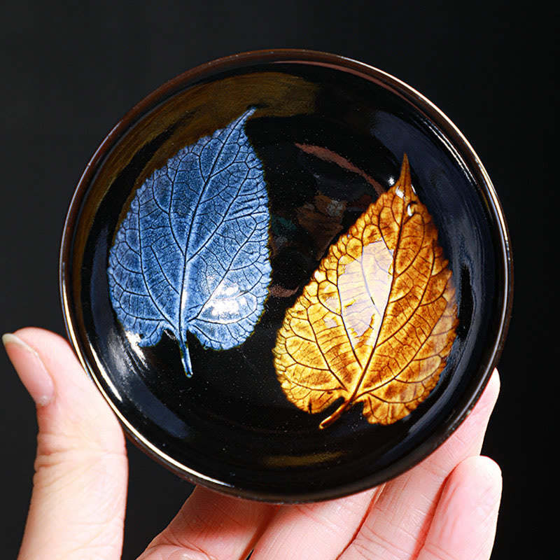 Gold Maple Leaf Chinese Jianzhan Ceramic Teacup Tenmoku Kung Fu Tea Cup Bowl