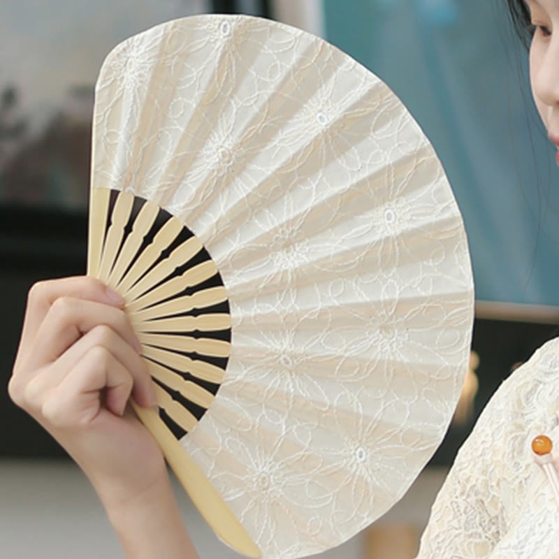 Retro Large Flower Embroidery Shell Shape Tassels Handheld Bamboo Folding Fan
