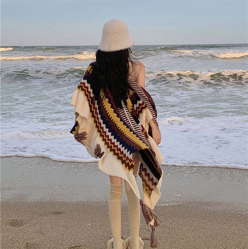 Tibetan Colorful Striped Shawl Tassels Cozy Warm Travel Scarf Wrap