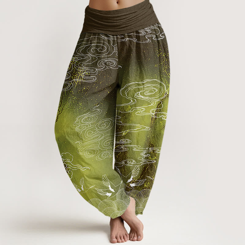 White Auspicious Clouds Birds Tree Pattern Women's Elastic Waist Harem Pants