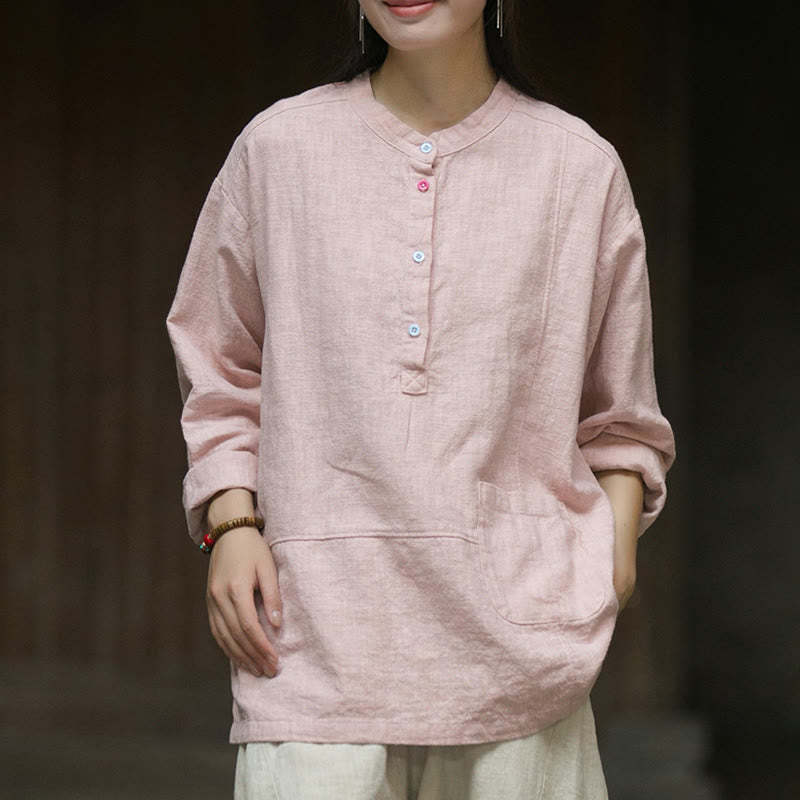 Solid Color Long Sleeve Ramie Linen Half Button Women's Shirt