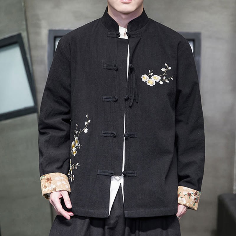 Plum Blossom Embroidery Cuff Flower Design Frog-button Tang Suit Cotton Linen Men's Jacket Shirt