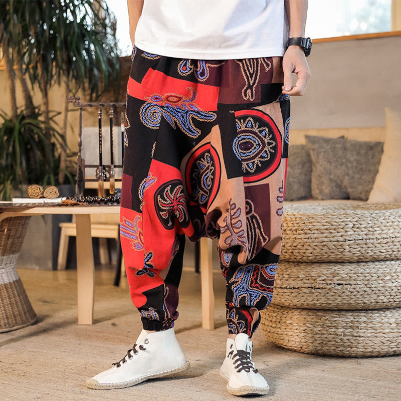 Grid Flower Print Cotton Men's Harem Pants With Pockets