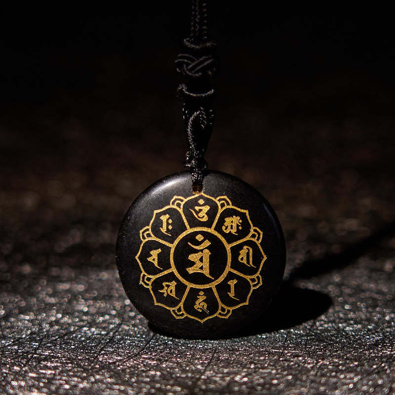 Om Mani Padme Hum Natural Various Crystal Black Obsidian Strength Necklace Pendant