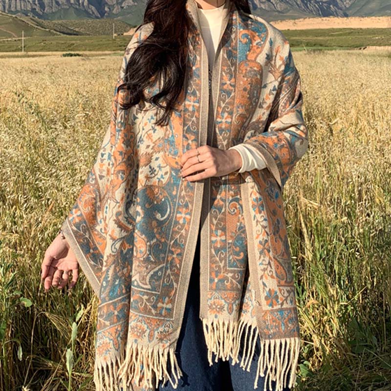 Tibetan Flower Branch Tassel Shawl Cozy Travel Scarf Wrap