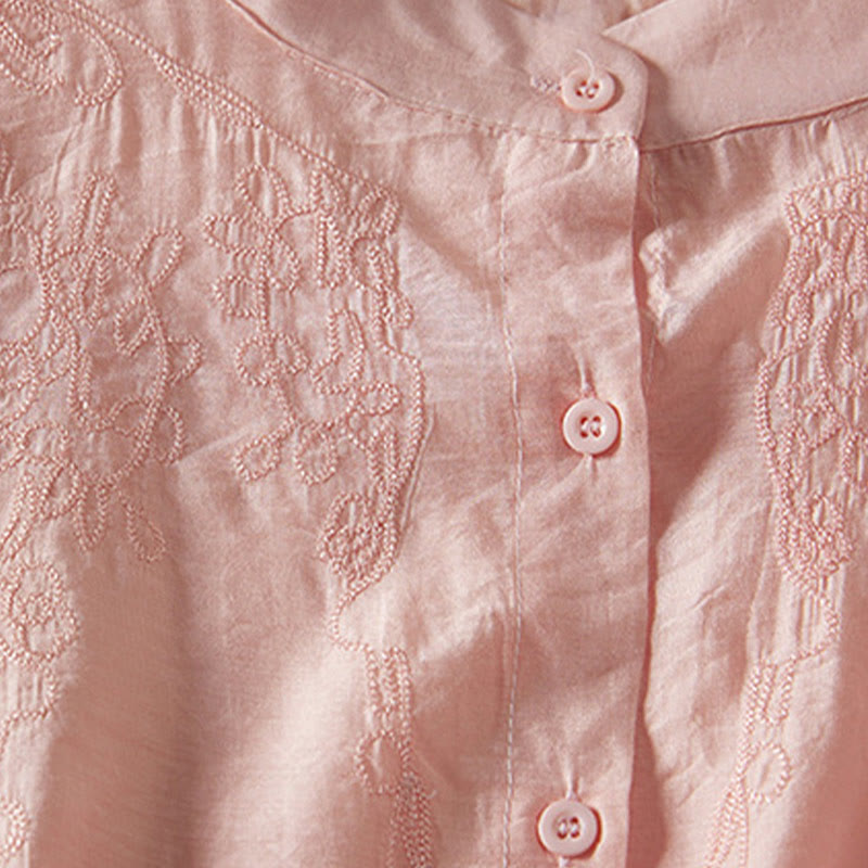 Casual Women's Embroidered Stand Collar Design Cardigan Half Sleeve Cotton Linen Shirt