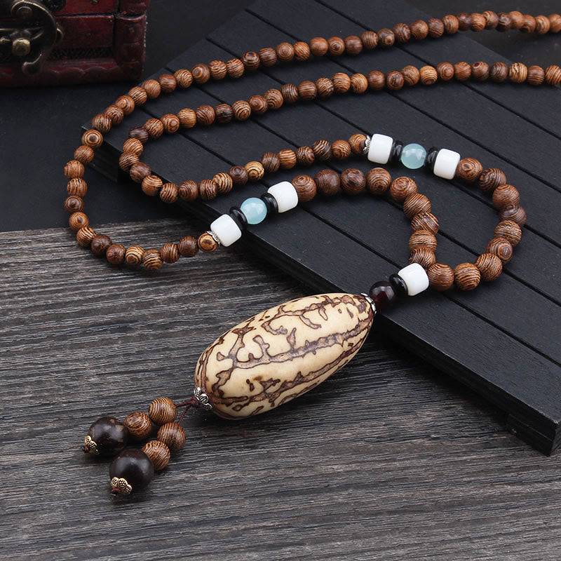 Tibetan Wenge Wood Bodhi Seed Agate Elephant Protection Necklace Pendant