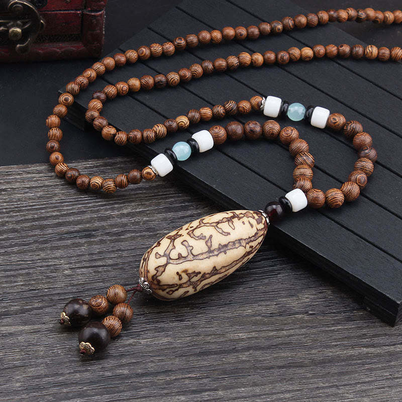 Tibetan Wenge Wood Bodhi Seed Agate Elephant Protection Necklace Pendant